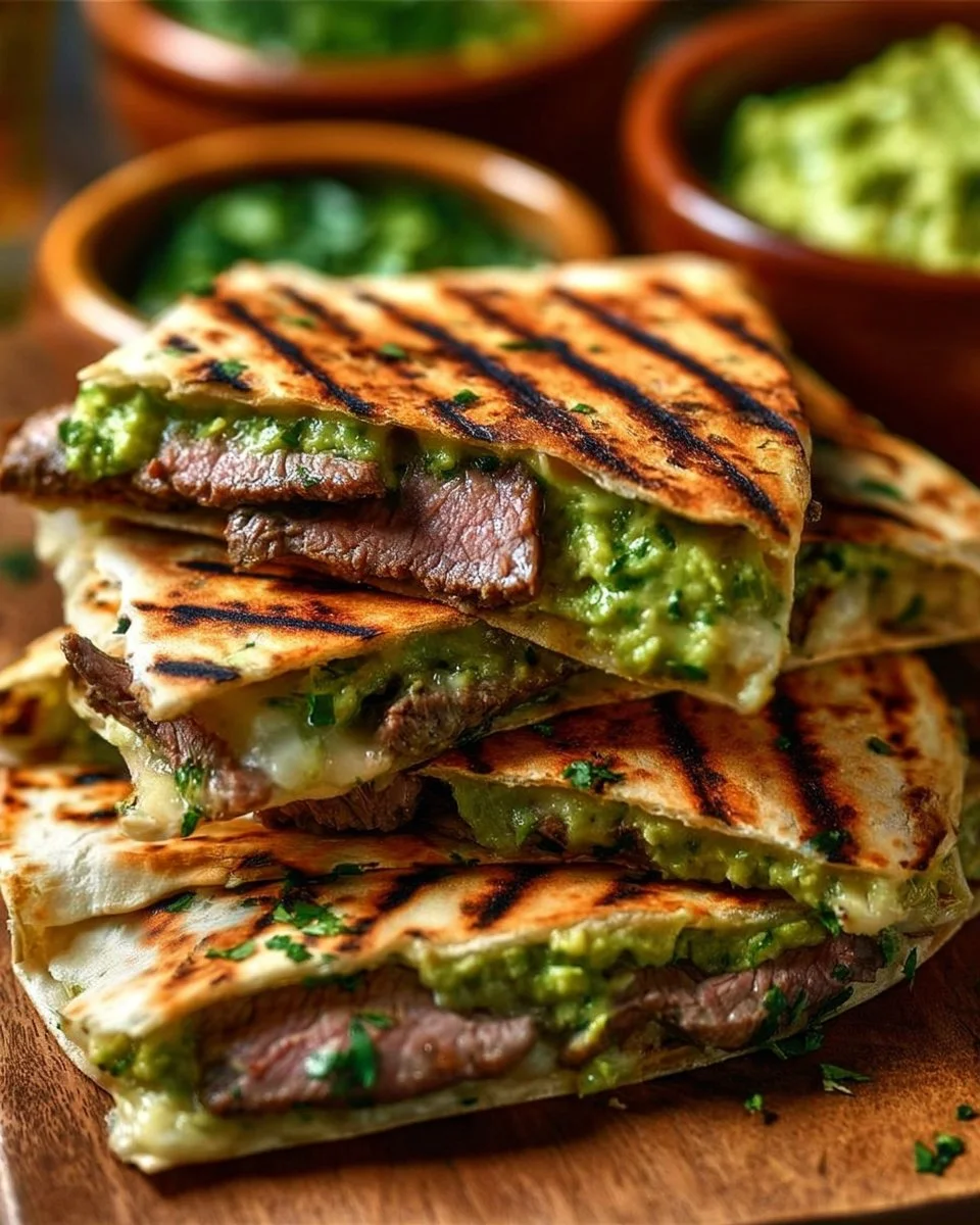 Chimichurri grilled steak quesadilla served with avocado chimichurri sauce