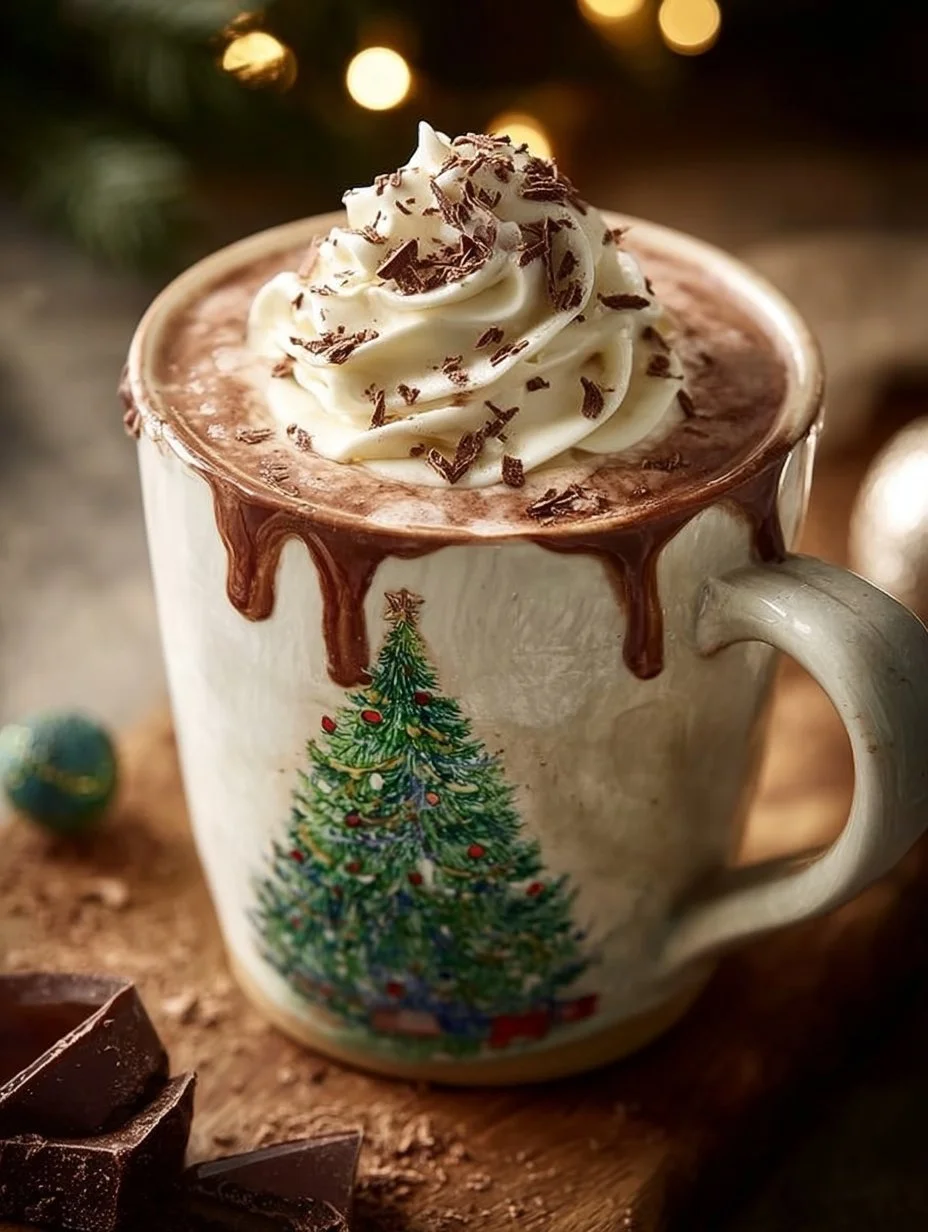 Delicious Christmas hot chocolate topped with whipped cream and festive sprinkles