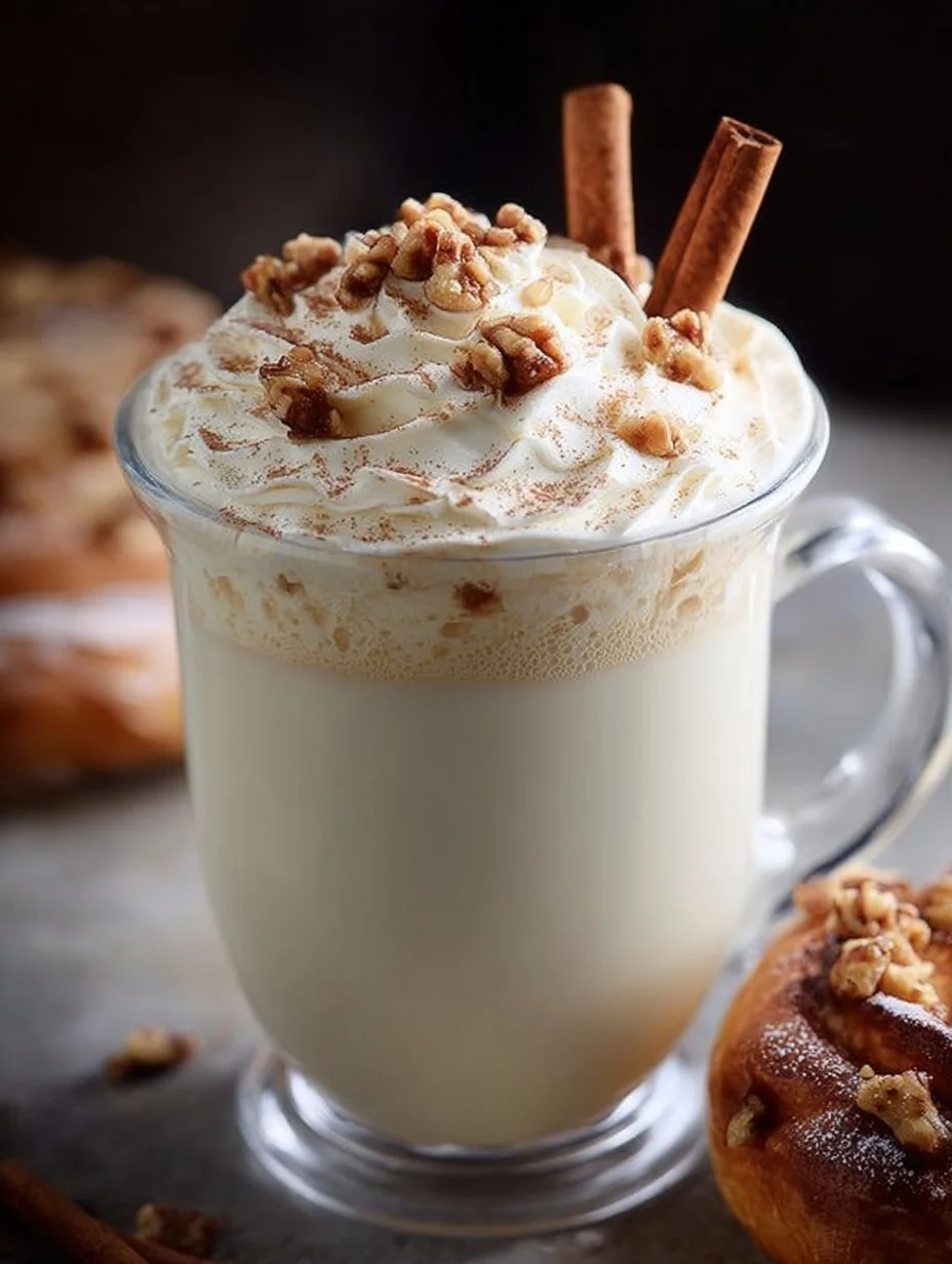 Creamy cinnamon bun hot chocolate topped with whipped cream and cinnamon sprinkles