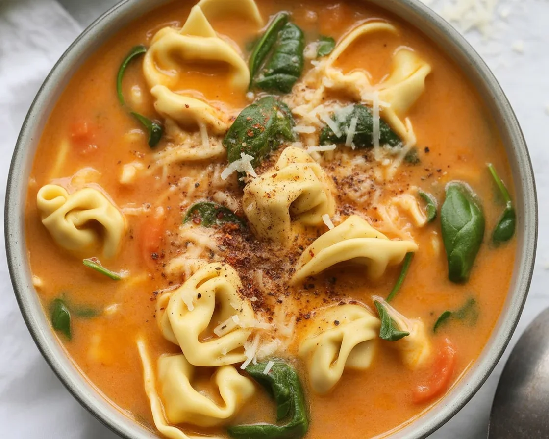 Creamy, spicy tortellini and sausage soup in a bowl, garnished with parsley.