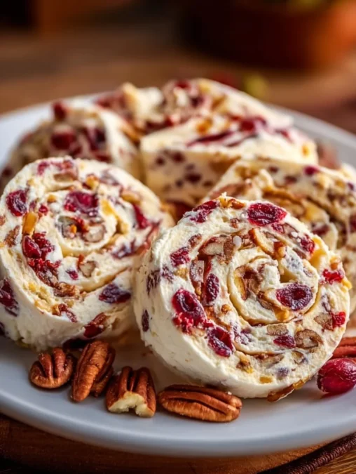 Cranberry-Orange Cream Cheese Pinwheels with Pecans on a platter