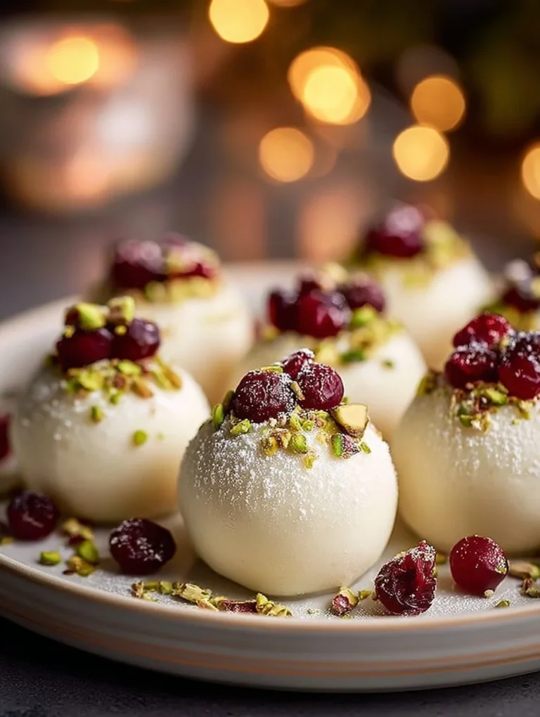 Cranberry pistachio cheesecake balls on a decorative plate