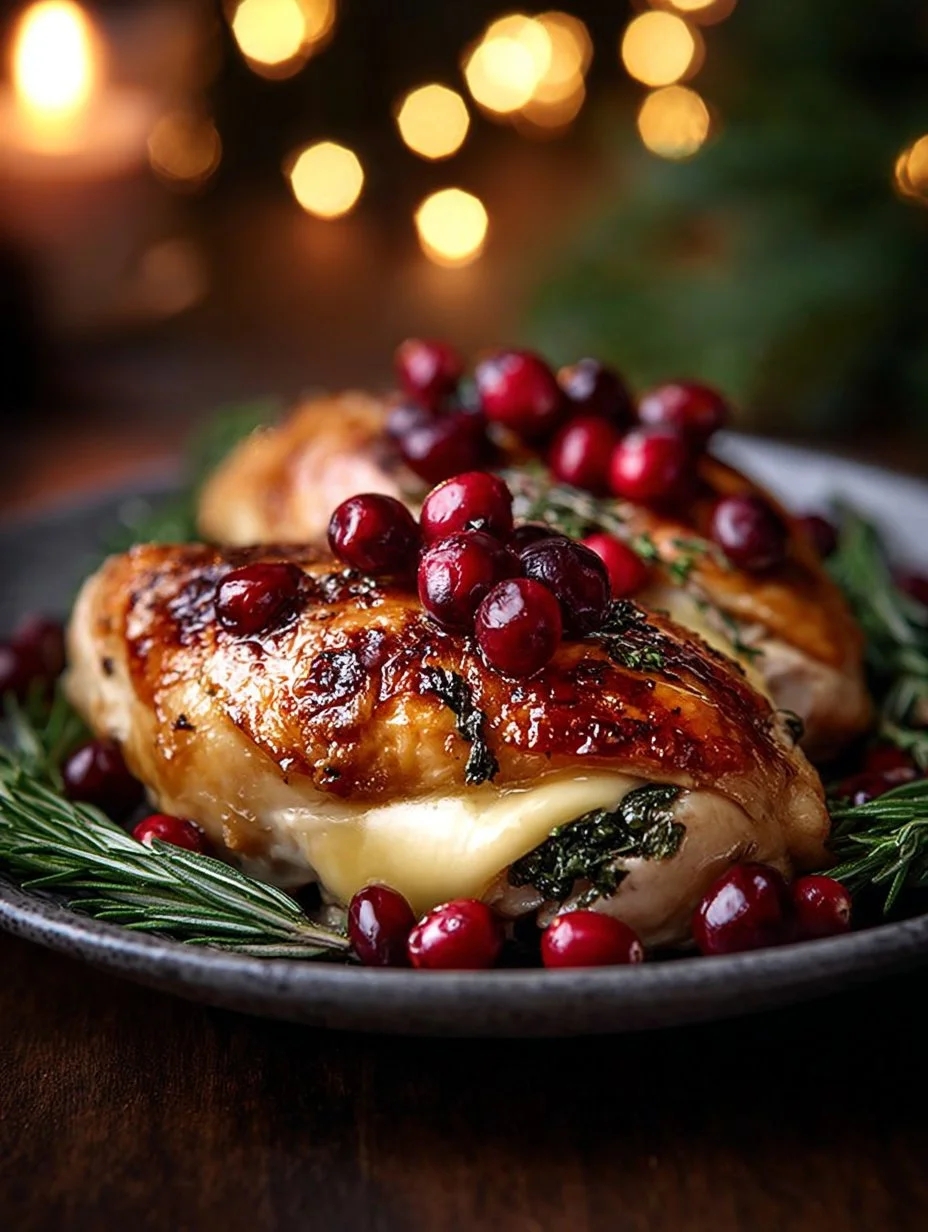 Cranberry and spinach stuffed chicken breasts filled with brie cheese