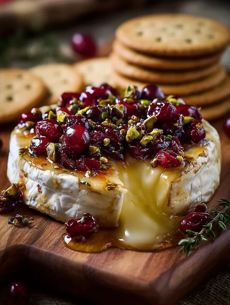 Cranberry, thyme, and pistachio baked camembert served with fresh bread