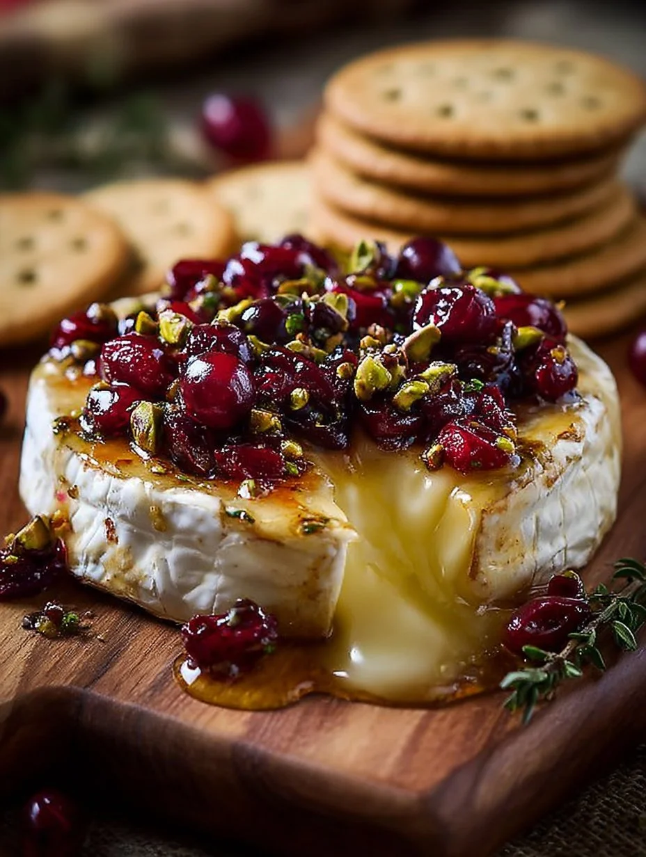 Cranberry, thyme, and pistachio baked camembert served with fresh bread