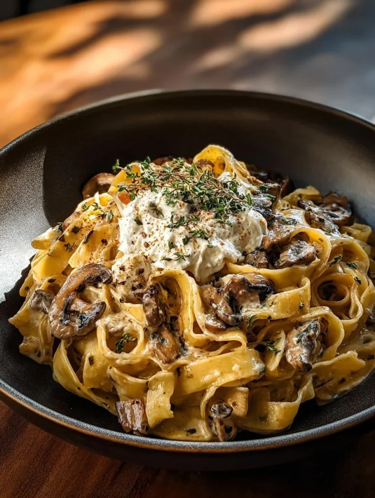 Creamy chicken pappardelle with mushrooms and burrata served in a bowl