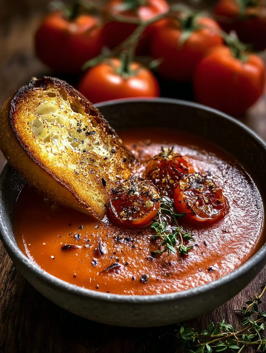 Bowl of creamy roasted tomato and garlic soup topped with fresh herbs.