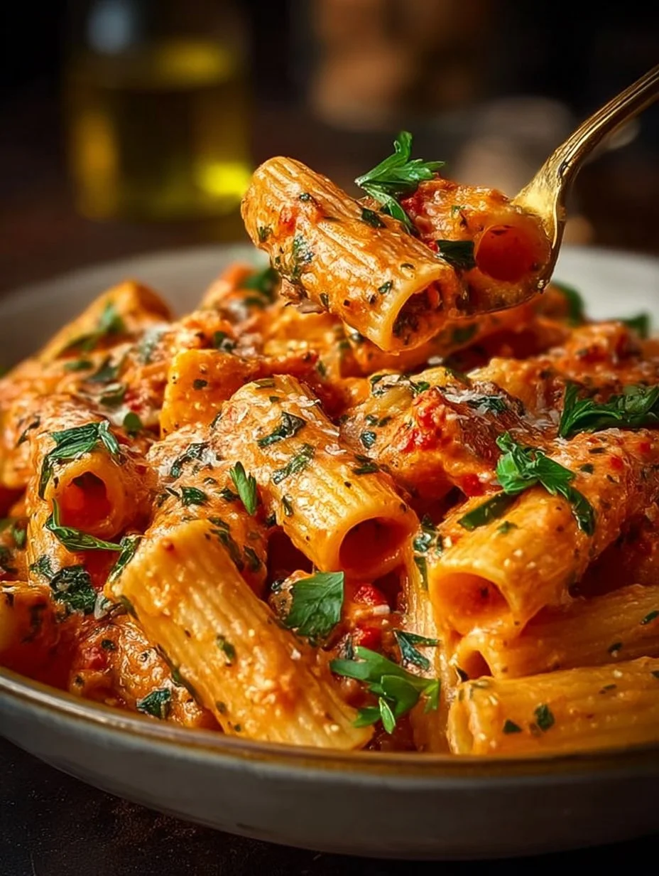 Creamy tomato garlic pasta in a bowl, garnished with fresh herbs.