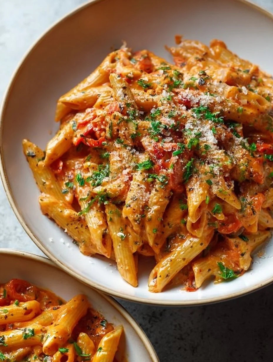 Creamy tomato garlic pasta dish served in a white bowl with fresh herbs