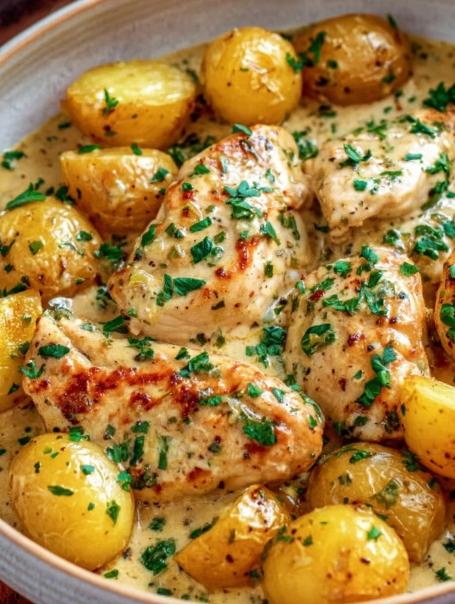 Delicious crockpot garlic parmesan chicken served with potatoes