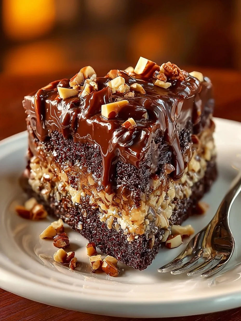 Decadent German Chocolate Poke Cake topped with coconut and pecans