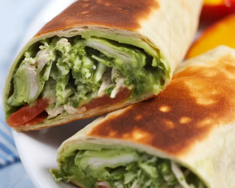 High Protein Chicken Pesto Wrap with fresh veggies and creamy pesto sauce.