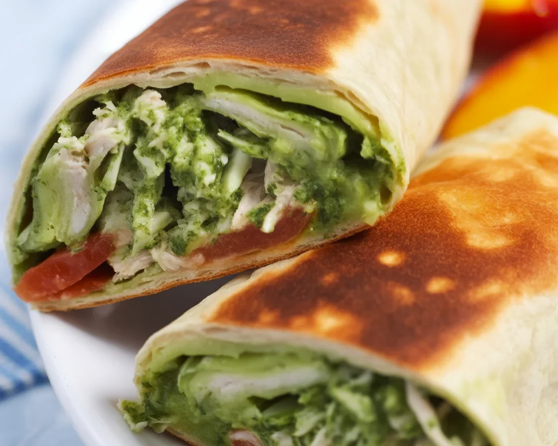 High Protein Chicken Pesto Wrap with fresh veggies and creamy pesto sauce.