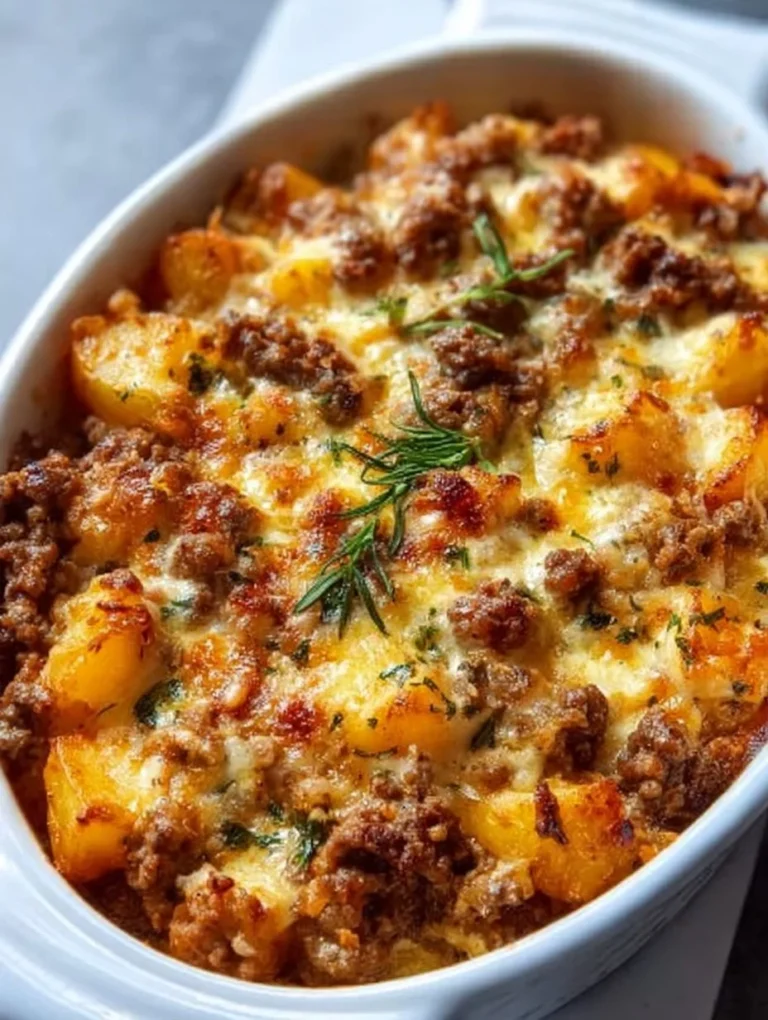 Delicious hobo casserole in a pan, showcasing vegetables and ground meat.
