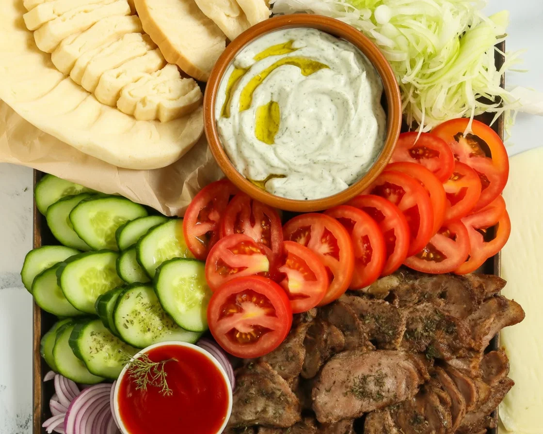 Juicy Homemade Doner Kebab served with fresh vegetables and pita bread