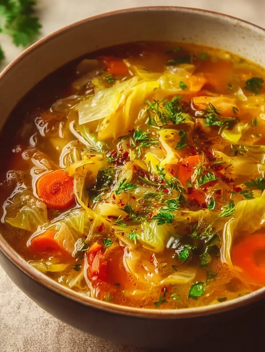 Bowl of detox cabbage soup with vegetables and herbs, perfect for a healthy diet.