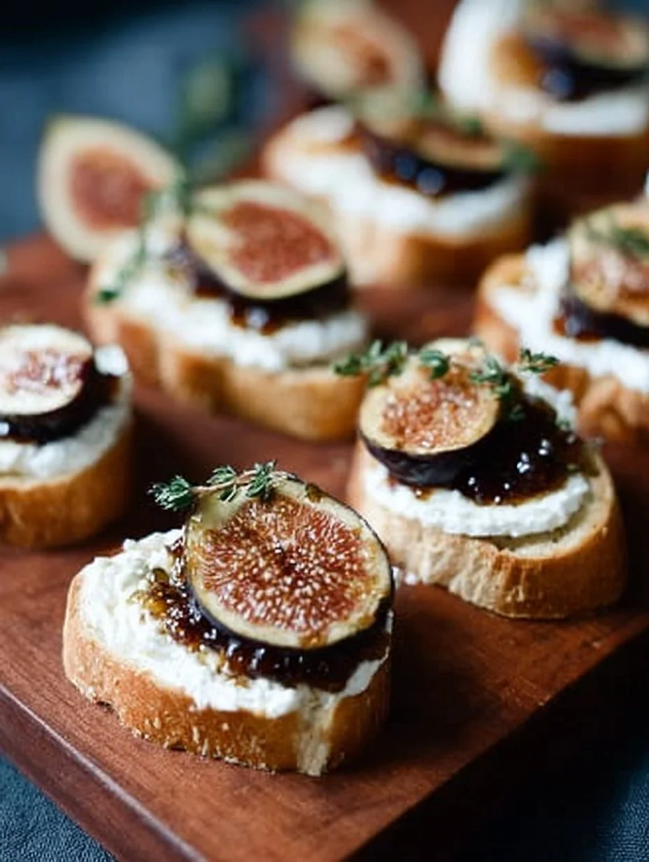 Fig jam crostini with goat cheese on a serving platter.