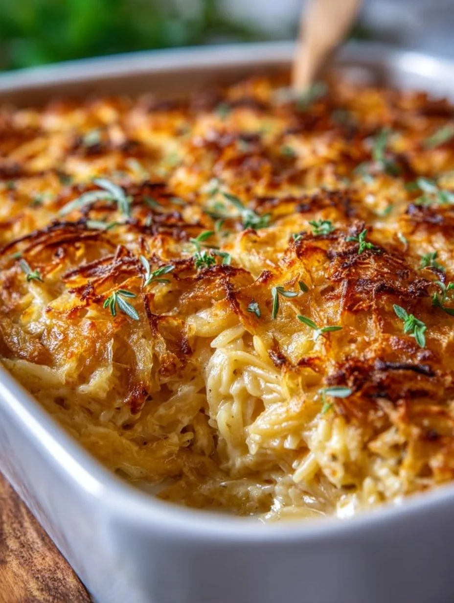 Delicious French onion chicken orzo casserole baked and served in a dish.