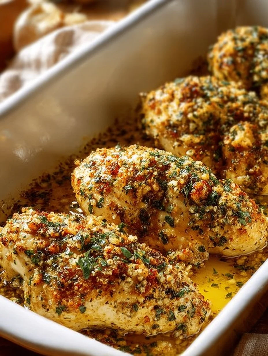 Garlic Parmesan Chicken Bake garnished with parsley on a white plate