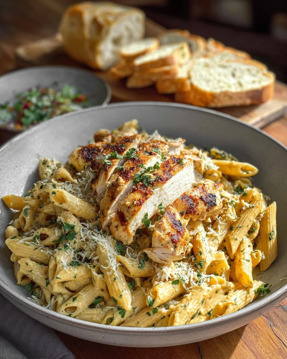 Dish of Garlic Parmesan Chicken Pasta topped with parsley and grated cheese