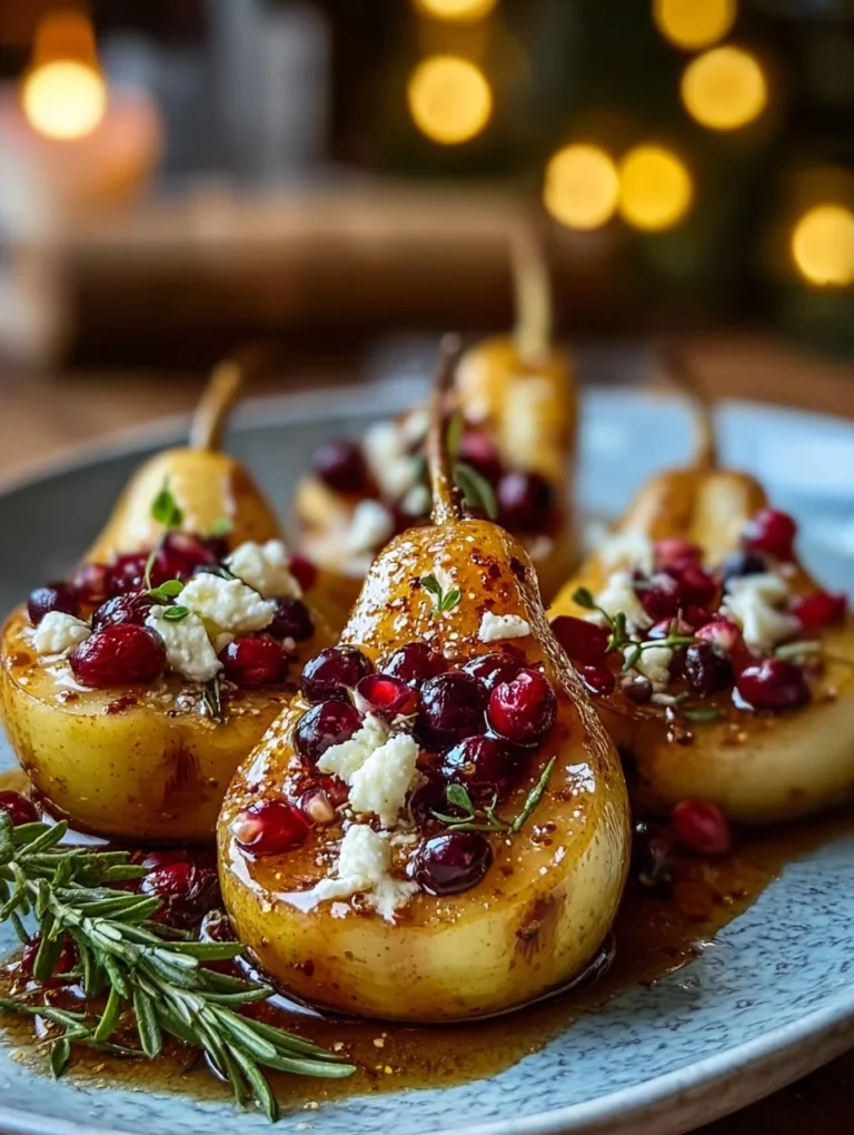 Golden Christmas pear halves with whipped feta, cranberries, and honey drizzle