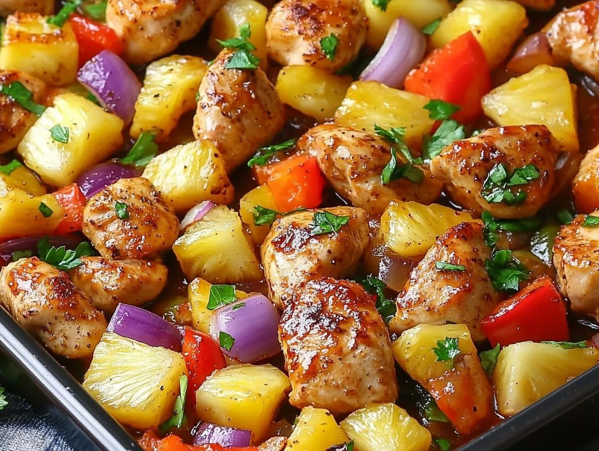 Hawaiian Chicken sheet pan dinner with colorful vegetables and pineapple.