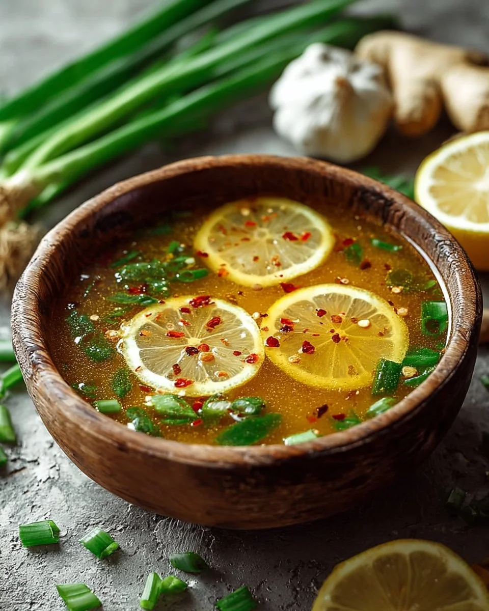 Bowl of healing miso-ginger lemon detox broth garnished with fresh herbs