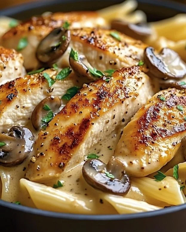 Heavenly chicken pasta with mushrooms in a creamy sauce