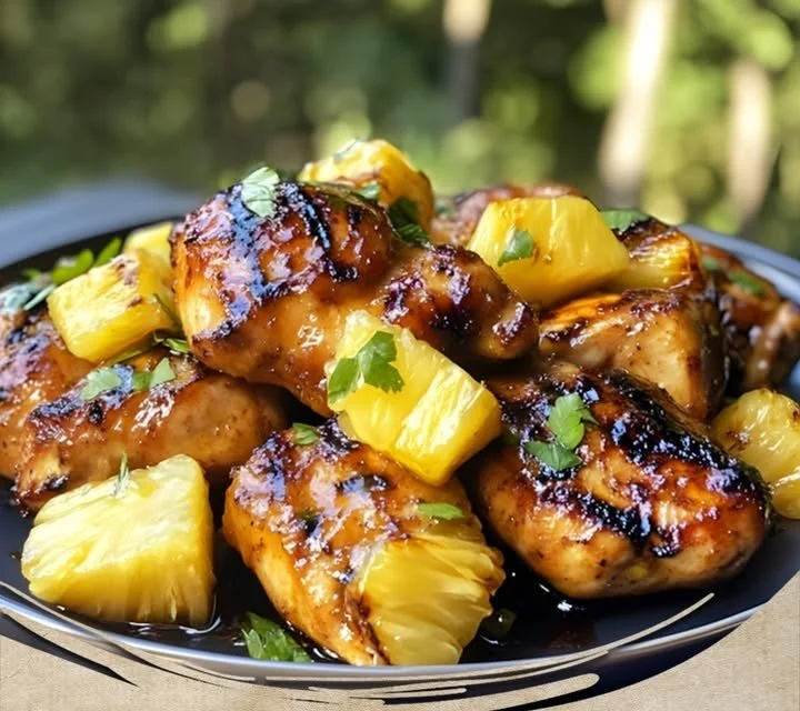 Delicious honey pineapple grilled chicken on a barbecue grill