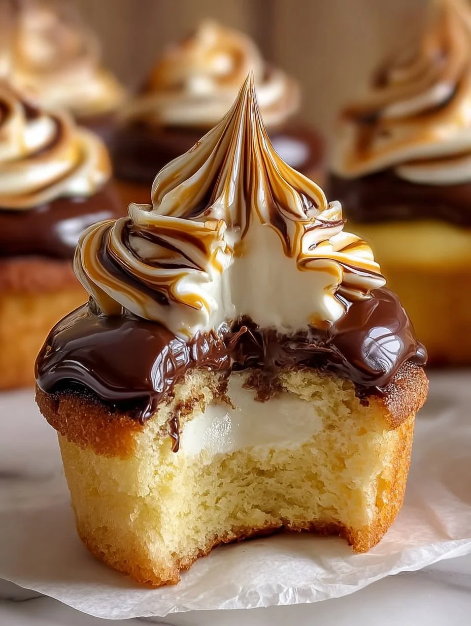Irresistible Boston Cream Pie cupcakes topped with chocolate ganache and creamy filling