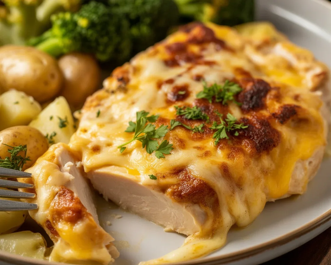 Sheet Pan Creamy Garlic Cheesy Chicken & Potatoes with creamy parmesan sauce and cheese.