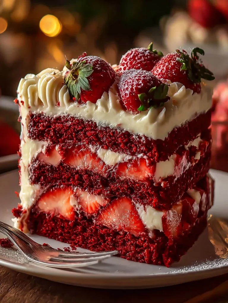 Irresistible strawberry earthquake cake topped with fresh strawberries and cream.