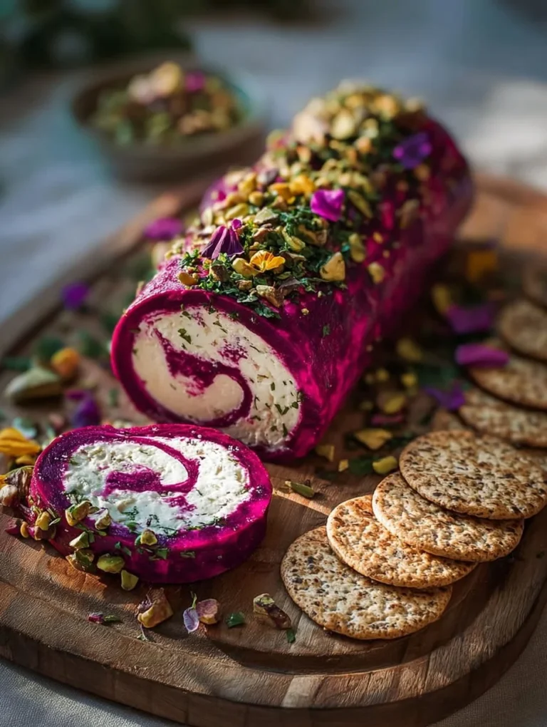 Magenta Jewel Goat Cheese Log with roasted beet swirl and pistachio crust