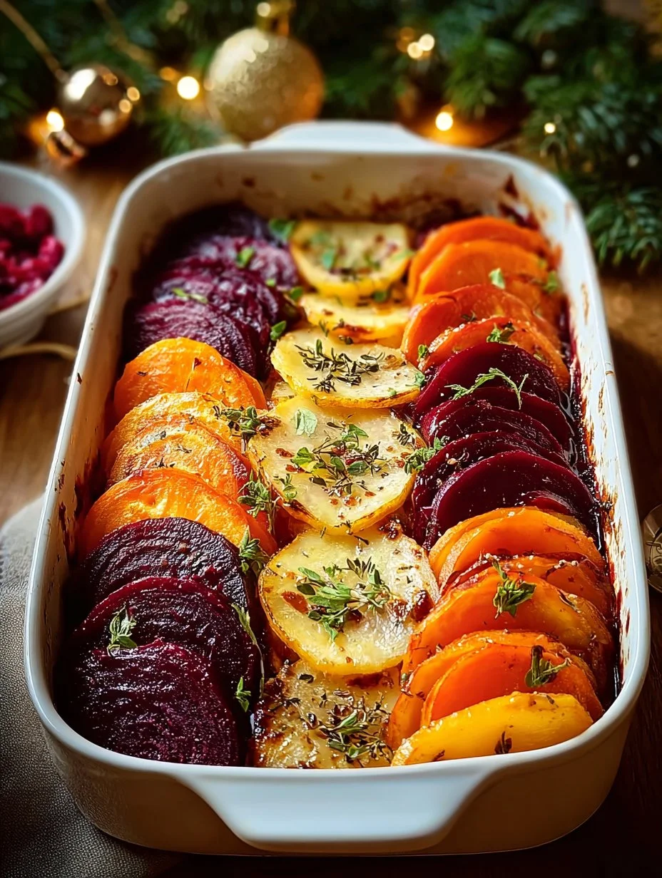 Maple-glazed beet gratin layered with Gruyere sweet potato and hot honey yam.