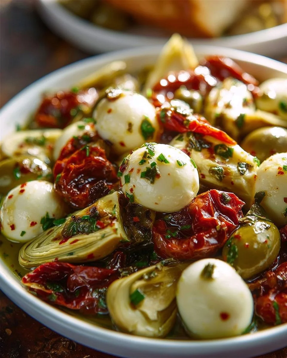 Delicious marinated mozzarella balls with artichokes and olives in a bowl
