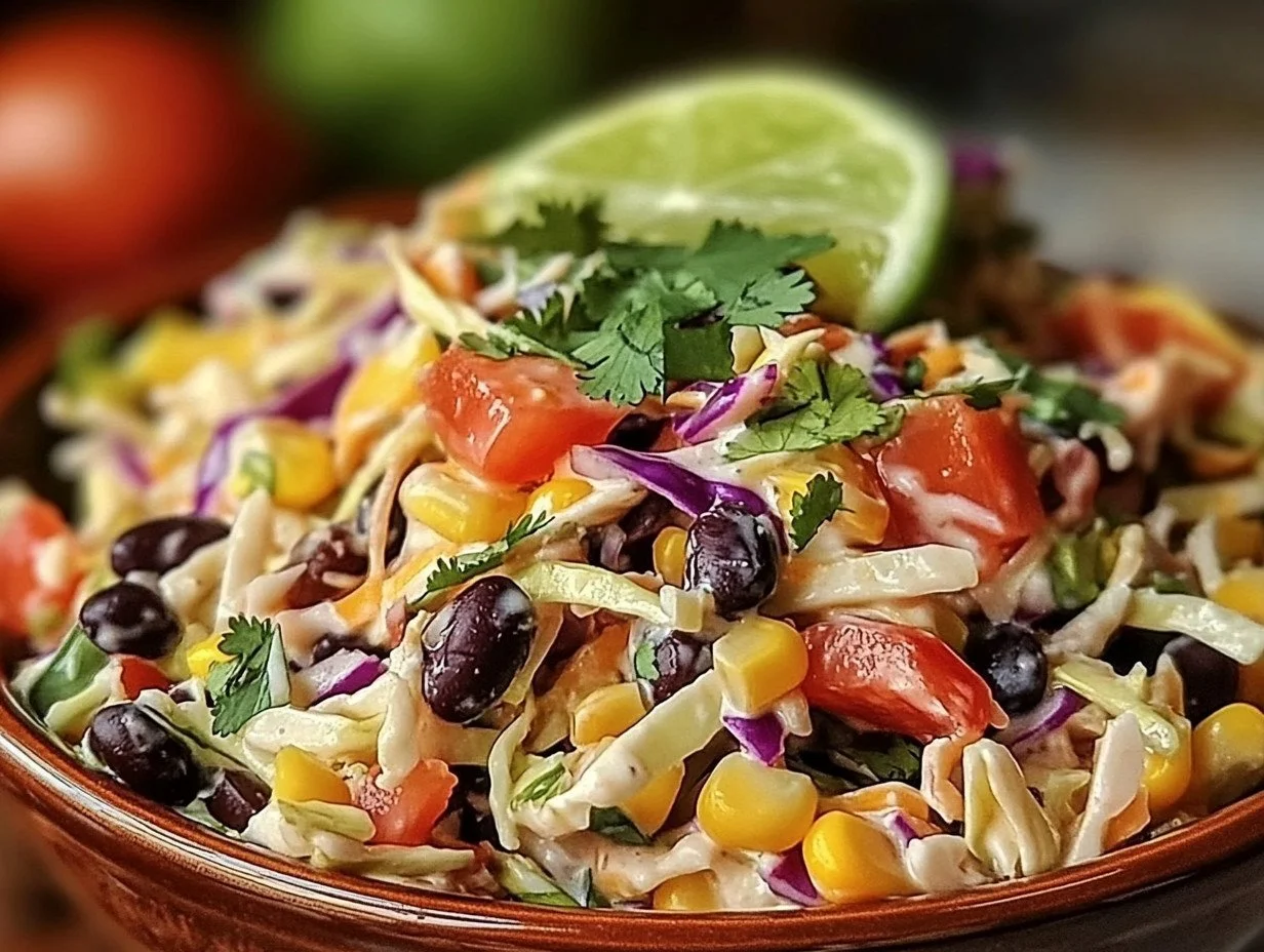 Bowl of colorful Mexican coleslaw with cabbage, carrots, and lime dressing