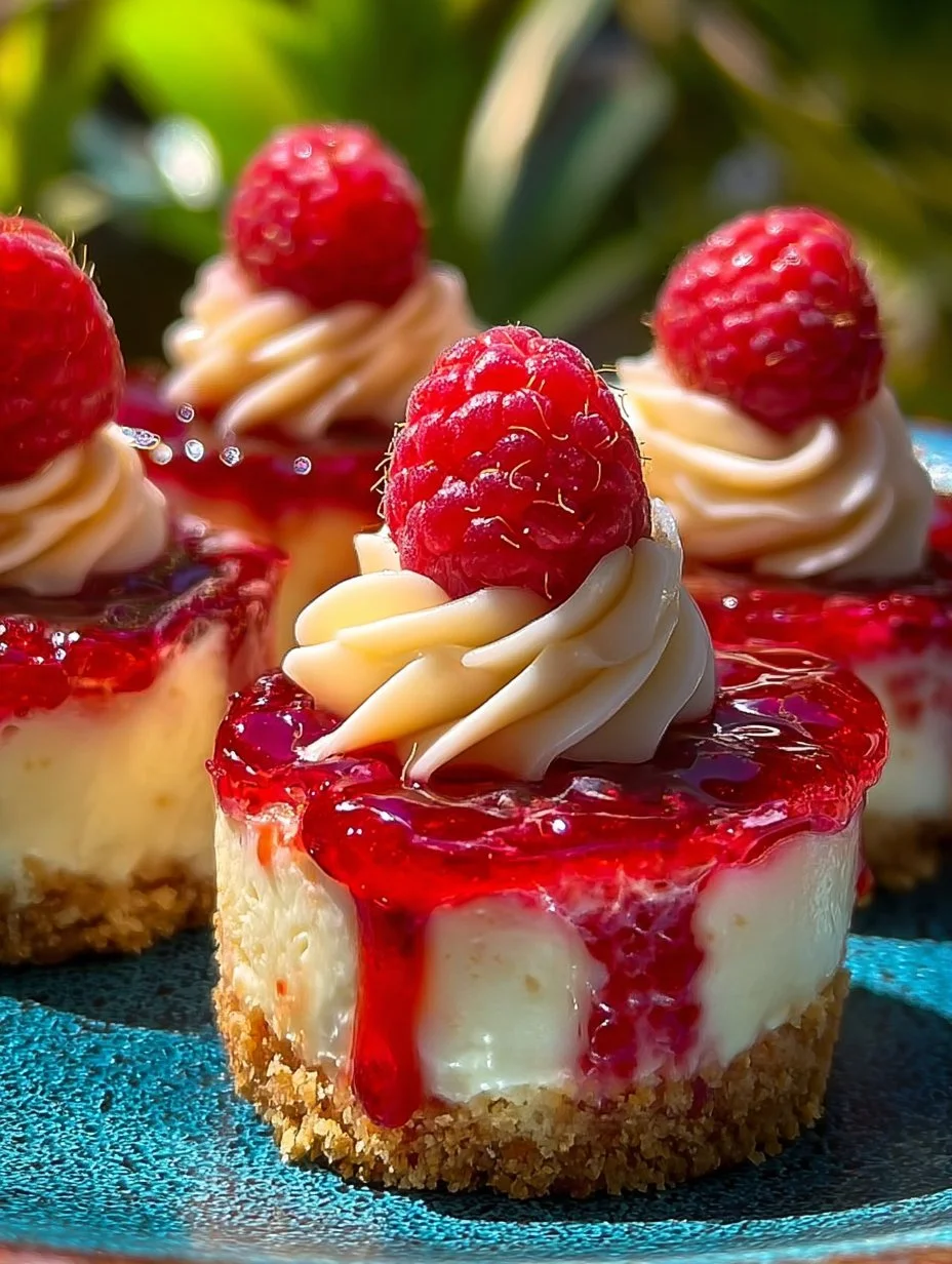 No bake mini lemon raspberry cheesecakes topped with fresh raspberries