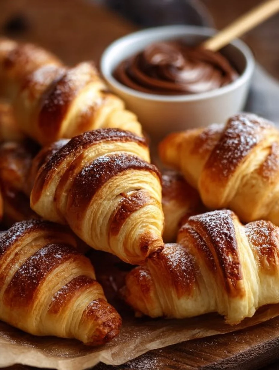 Freshly baked Nutella Crescent Rolls drizzled with chocolate and powdered sugar
