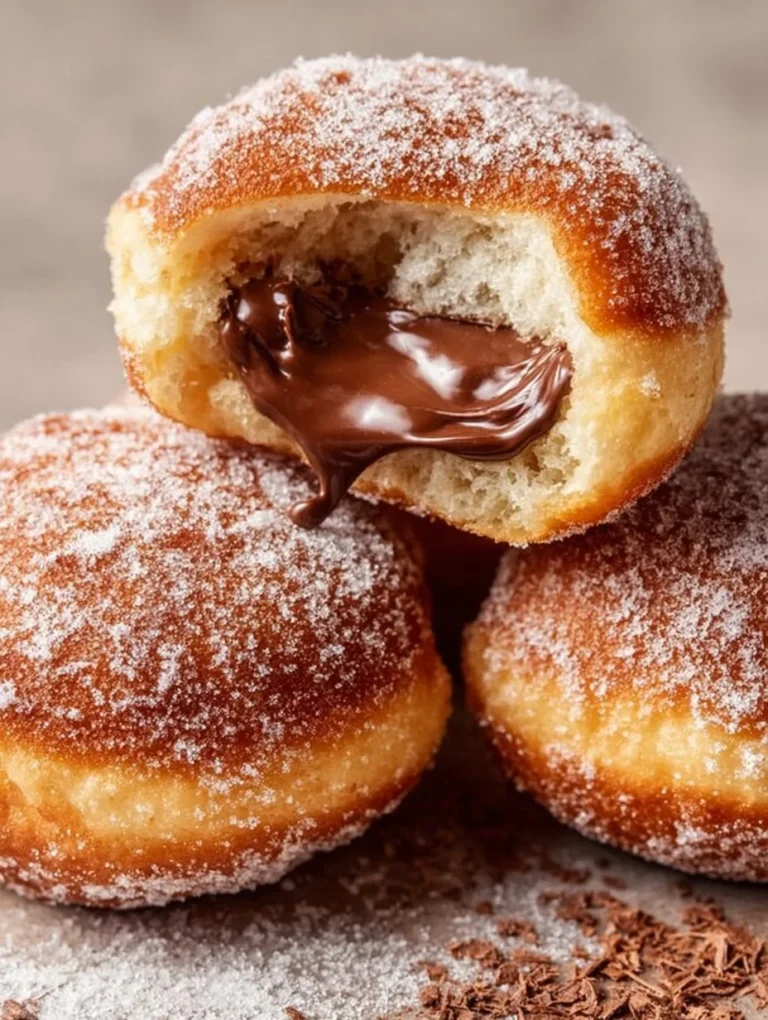 Nutella stuffed biscuit doughnuts, freshly baked and drizzled with hazelnut chocolate.