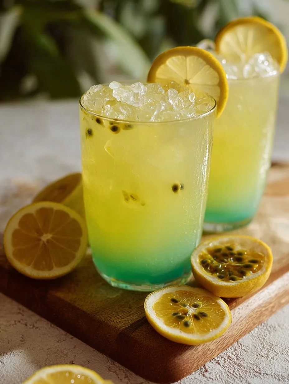 Refreshing Passionfruit Lemonade served in a glass with citrus slices