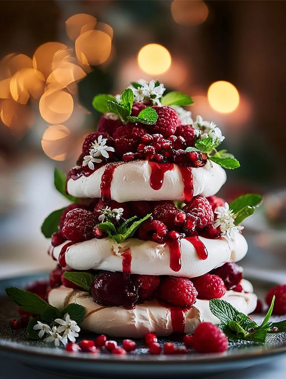 Pavlova Tower decorated with pomegranate and raspberries