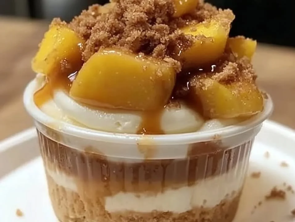 Delicious Peach Cobbler Cheesecake Cups with creamy filling and peach topping