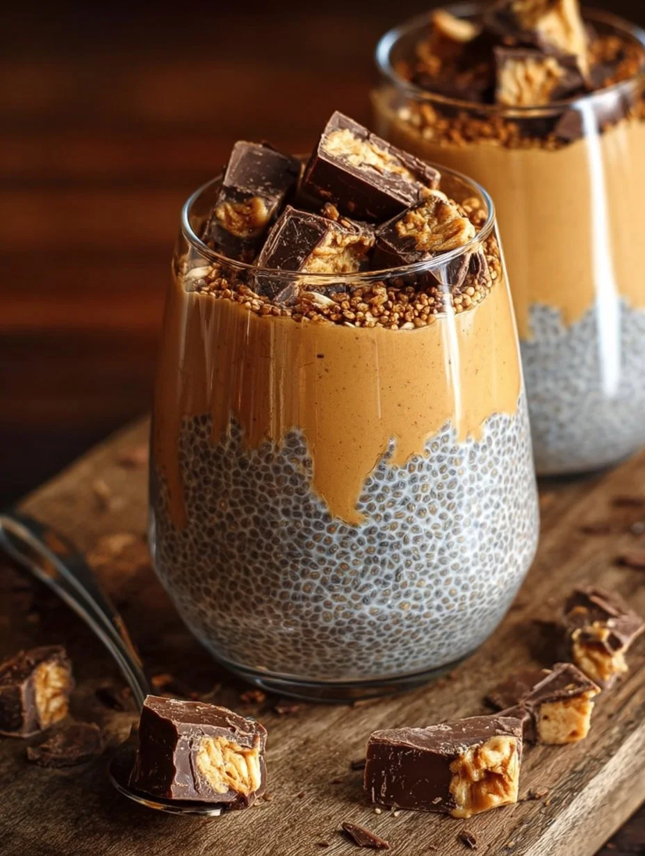 Delicious Peanut Butter Cup Chia Pudding topped with peanuts and chocolate