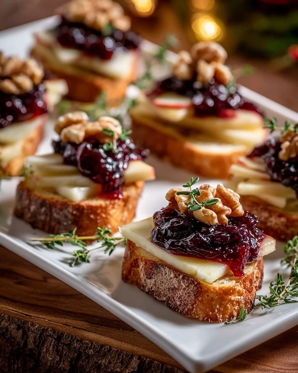 Pear, brie, and cranberry crostini drizzled with thyme-infused honey