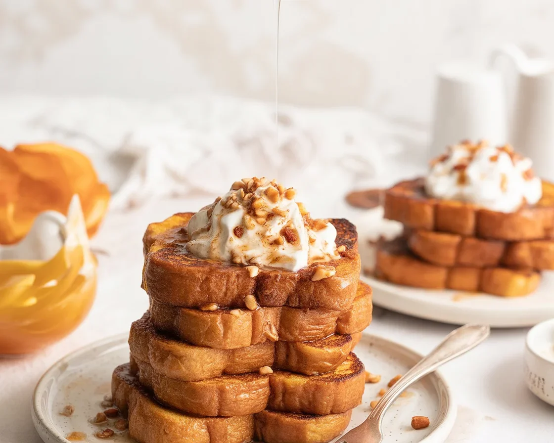 Delicious Pumpkin French Toast topped with maple syrup and spices for a perfect fall breakfast