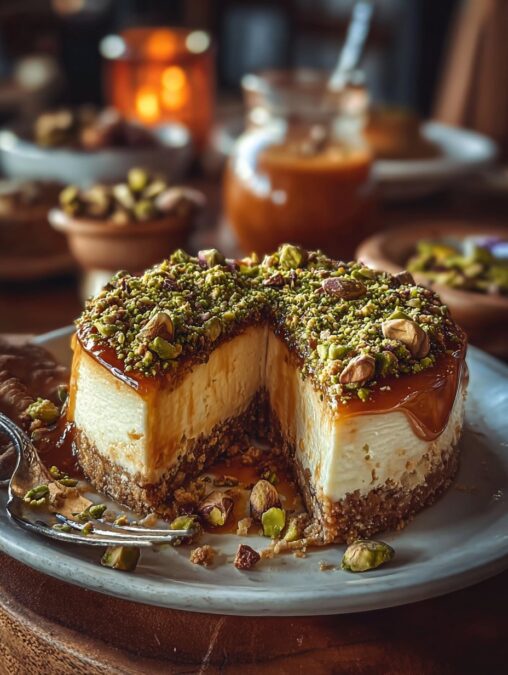 A delectable slice of Baklava Pistachio Cheesecake Supreme