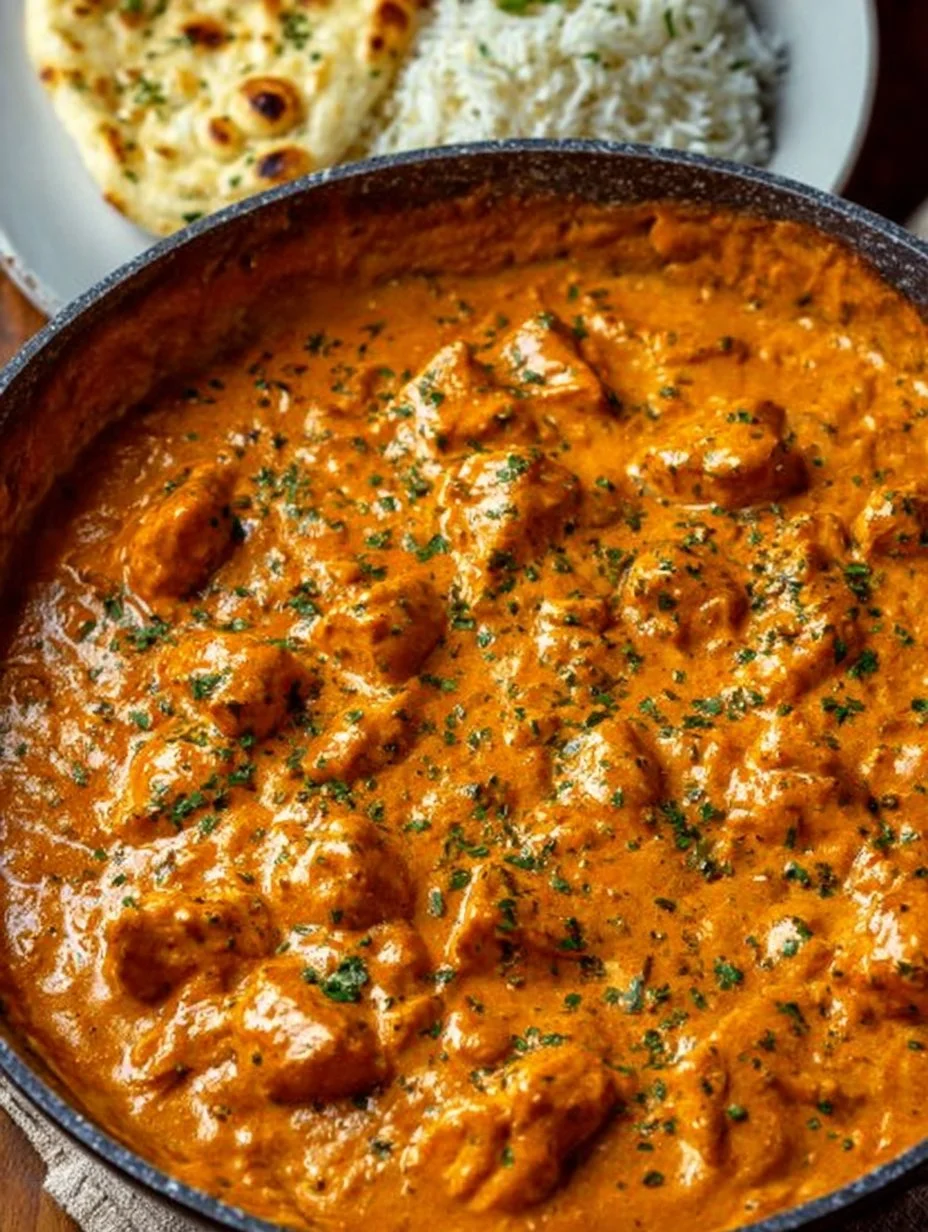 Delicious homemade butter chicken served with rice and garnished with cilantro.