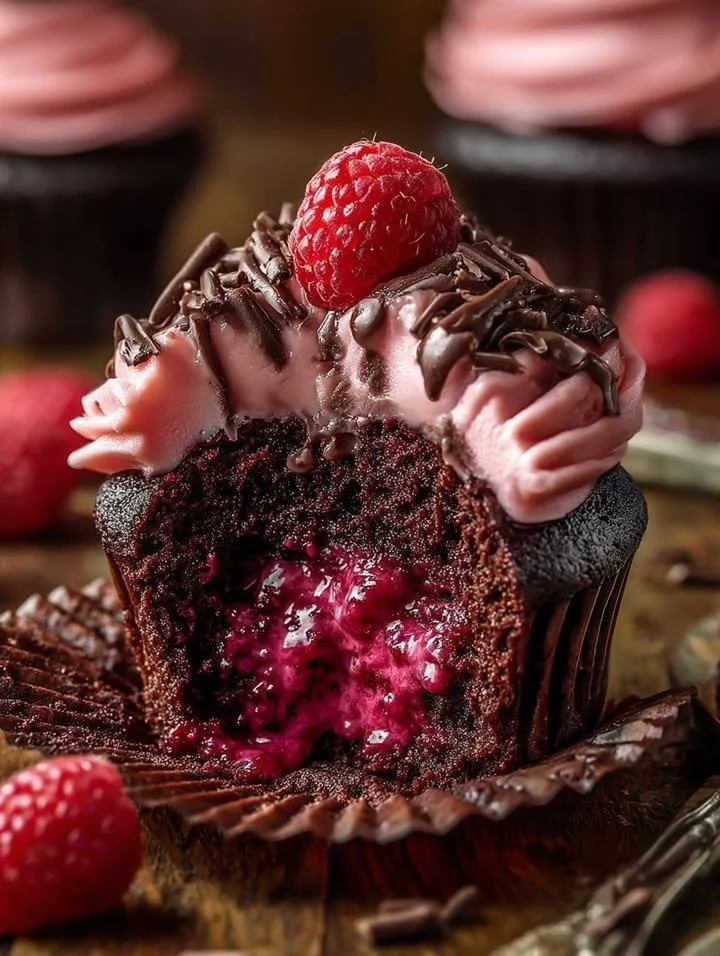 Raspberry Chocolate Lava Cupcakes with melting chocolate center and fresh raspberries