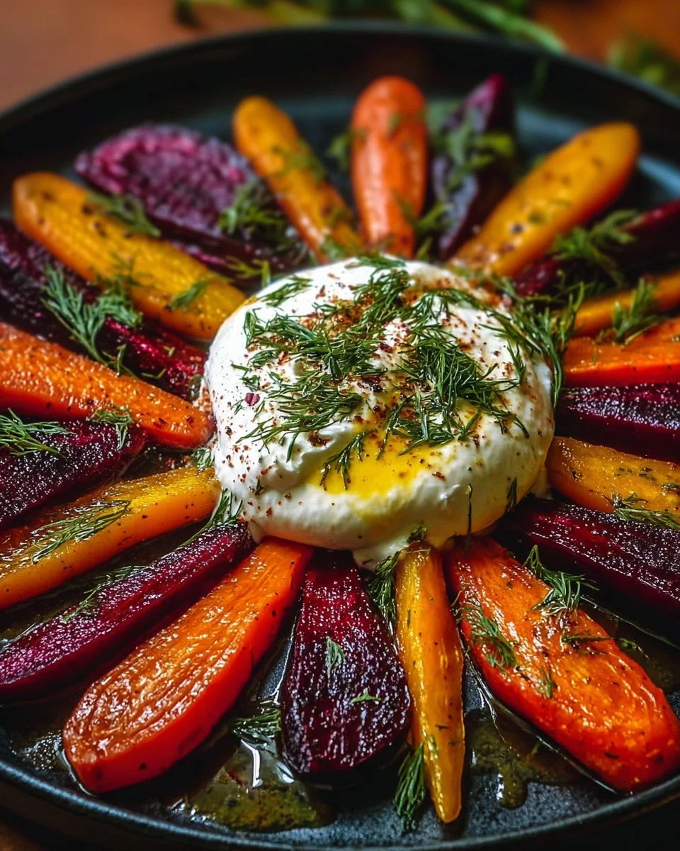 Roasted beets and carrots salad with burrata cheese on a plate
