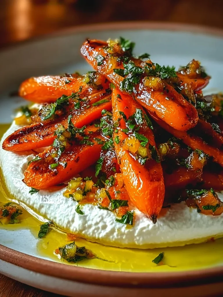 Roasted carrots with whipped ricotta and hot honey served on a plate